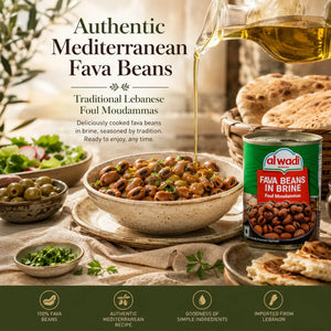 Bowl of Fava Beans with Alwadi Fava Beans in Brine can, olive oil being poured, and pita bread.