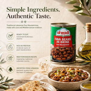 Alwadi Fava Beans in Brine can with a bowl of beans and flatbread on a rustic background.