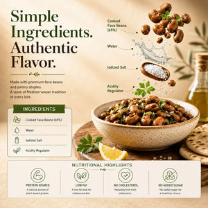 Bowl of cooked fava beans with ingredients and nutritional information displayed on a beige background.