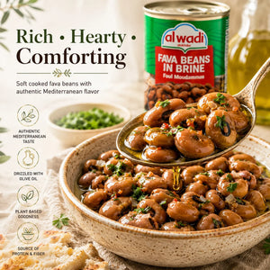 Bowl of fava beans with a can of Alwadi fava beans in the background