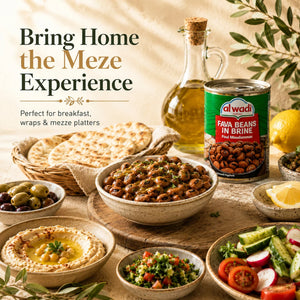 Table with various Middle Eastern dishes and a can of Fava Beans in Brine, featuring text 'Bring Home the Meze Experience'.