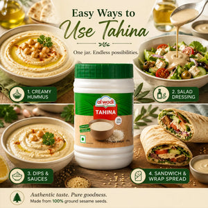 Alwadi Tahina jar with images of hummus, salad dressing, dips, and wraps on a beige background.
