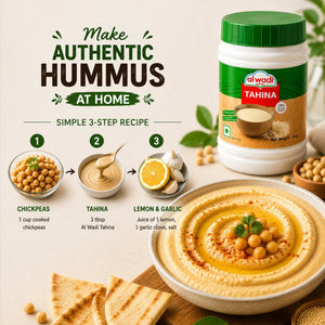 Hummus recipe with ingredients and Al Wadi Tahina container on a light background