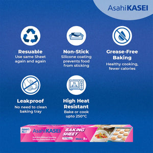 Non-stick reusable silicone baking sheet with features like leakproof and high heat resistance.