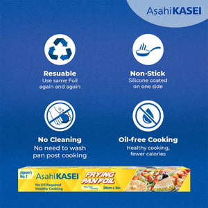 Asahi Kasei frying pan foil packaging showing reusable, non-stick, oil-free cooking benefits.
