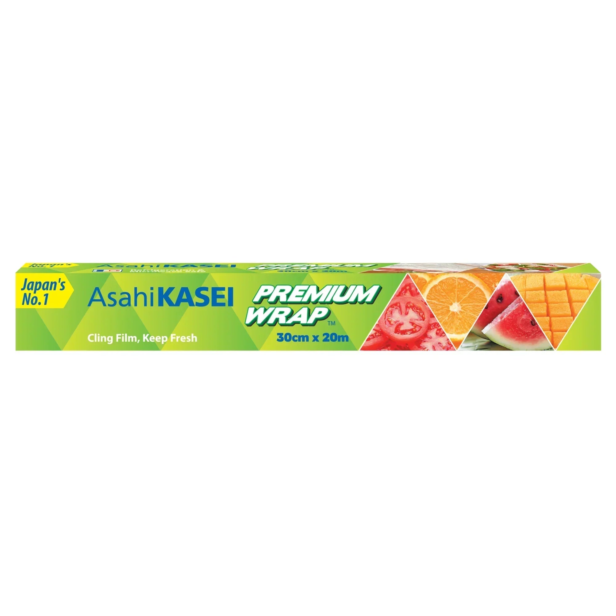 AsahiKASEI Premium Wrap 30cm x 20m cling film box with images of fresh fruits and vegetables