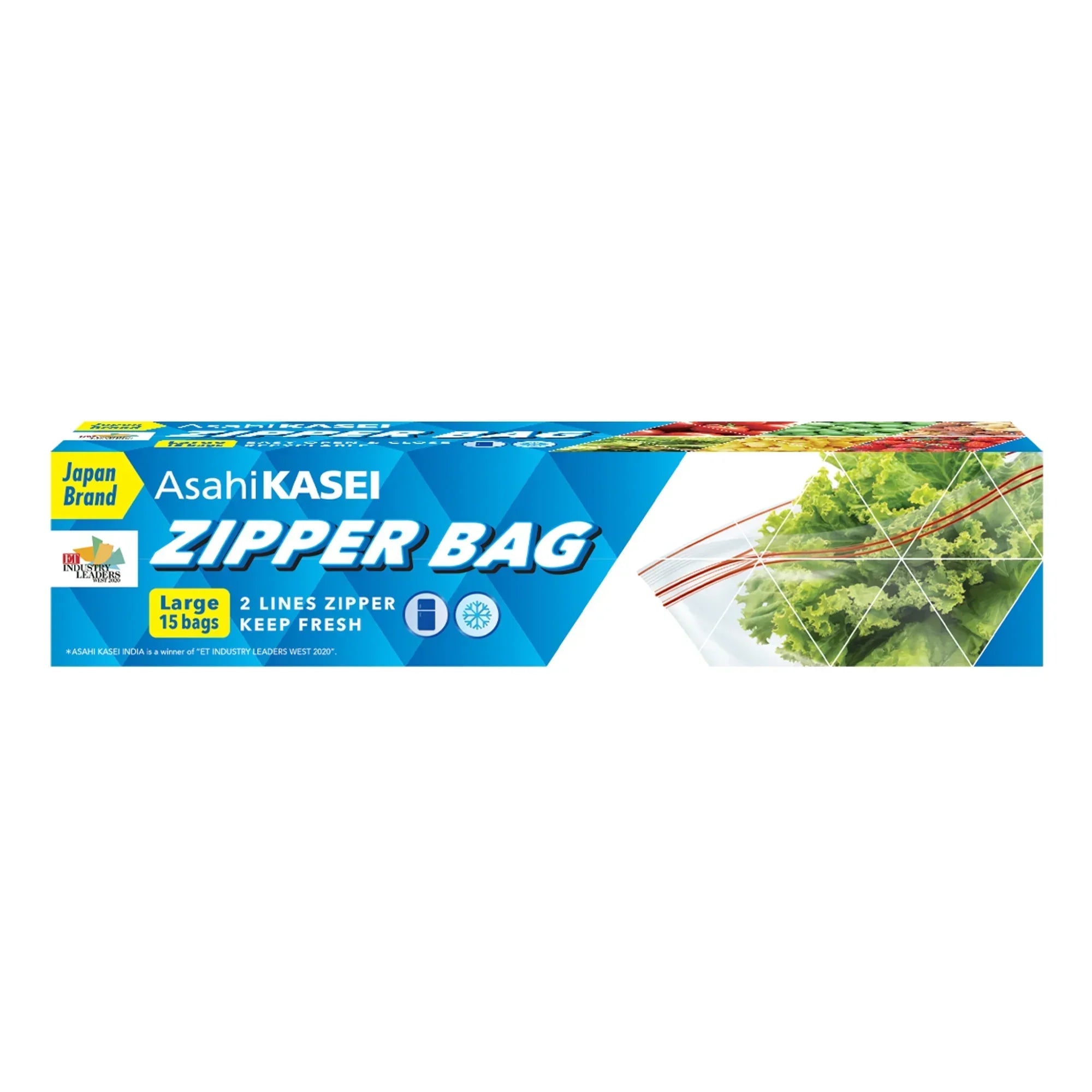 Blue Asahi Kasei zipper bag box, large size, with lettuce inside, 15 bags pack