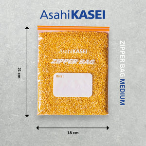 Medium zipper bag filled with yellow lentils, labeled, measuring 21 cm by 18 cm.