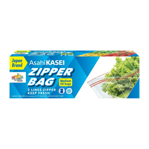 Box of medium zipper bags with food storage imagery and blue packaging, 20 count