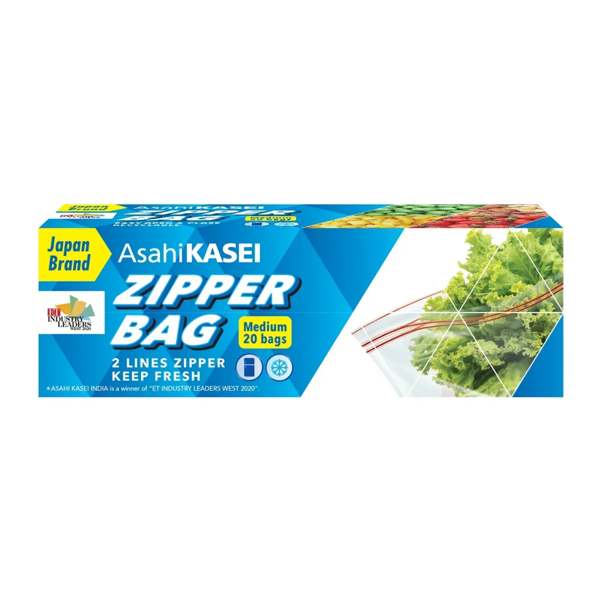 Box of medium zipper bags with food storage imagery and blue packaging, 20 count