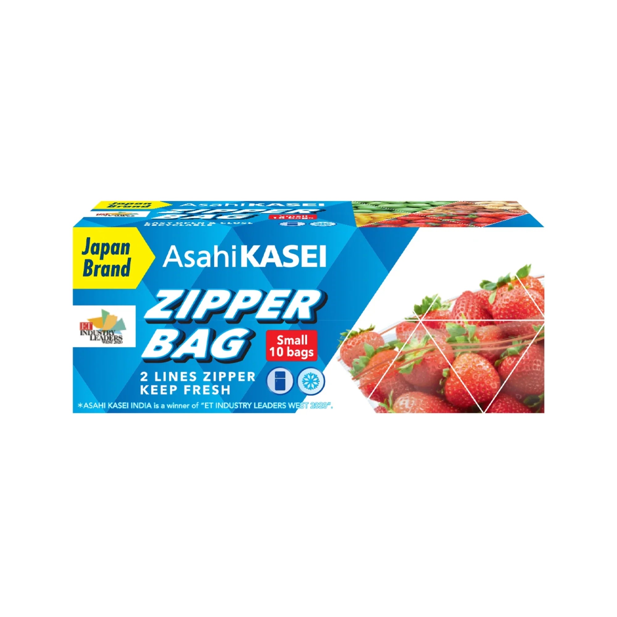 Small Asahi Kasei zipper bags packaging with strawberries and product details visible.