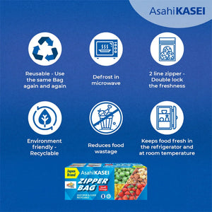 Asahi Kasei zipper bag box with icons showing reusable, recyclable, microwave safe, keeps food fresh.