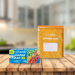 Small Asahi Kasei zipper storage bag and box on a wooden table, food-safe and reusable.