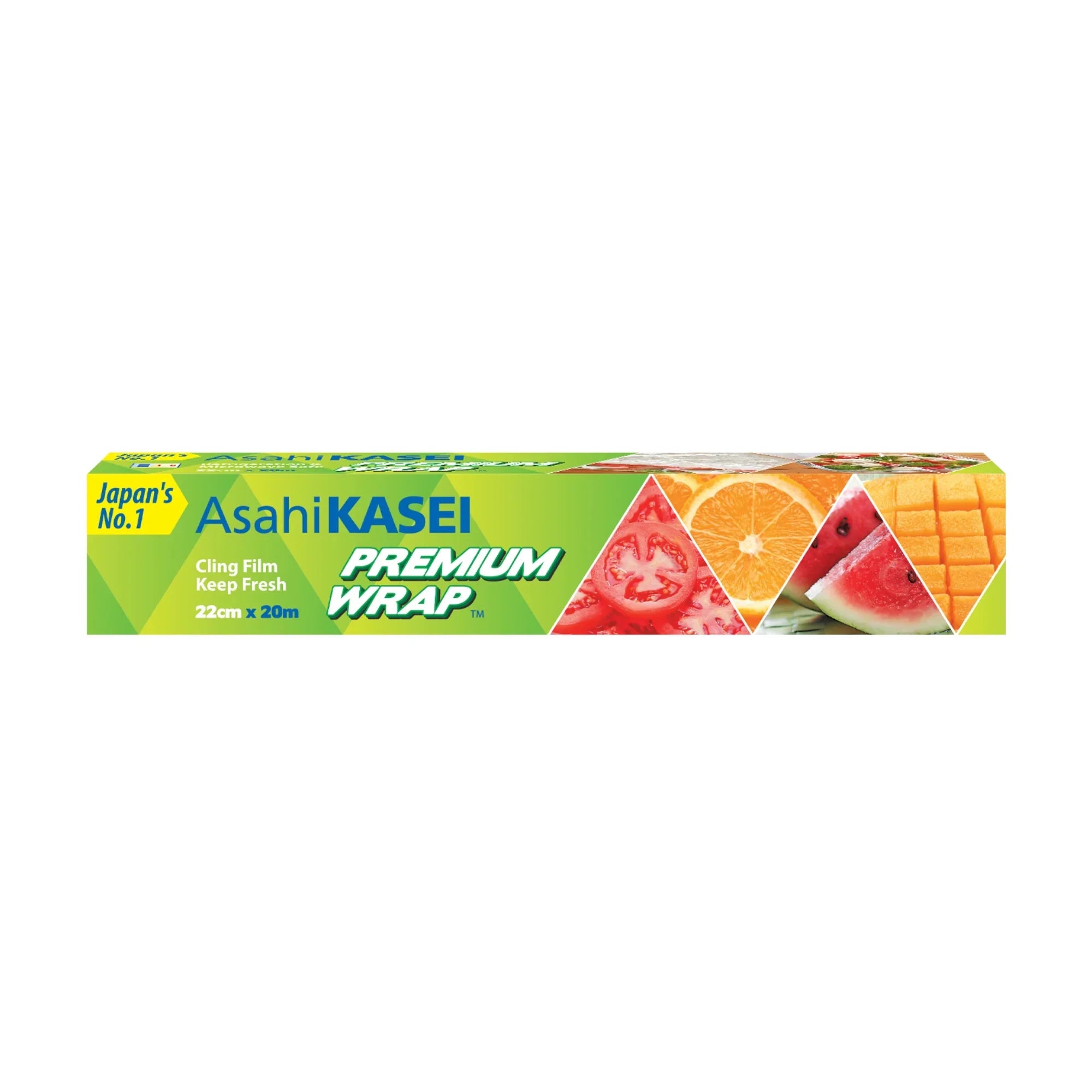 Asahi Kasei Premium Wrap 22cm x 20m cling film box with fruit and vegetable images on packaging