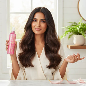 woman with long wavy dark hair holding pink Banana Coconut Detangler conditioner bottle in bright modern room