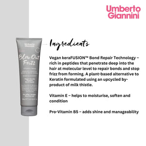 Umberto Giannini Blow Out Frizz Styling Cream tube with ingredients and benefits text on a white and grey background