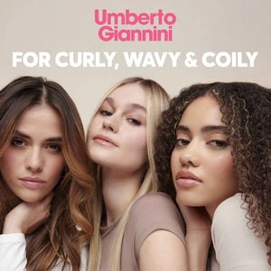 Three women with curly, wavy, and straight hair showcasing Umberto Giannini haircare for diverse hair types
