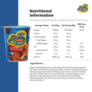 Blue Dragon Spicy Schezwan instant noodles cup with detailed nutritional information and ingredients list