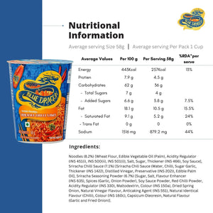 Blue Dragon Sriracha Chili Sauce instant noodles cup with nutritional information and ingredients list