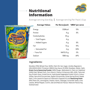 Blue Dragon Thai Green Curry instant noodles nutrition facts and ingredients label with logo