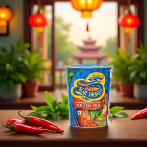 Blue Dragon Thai Tom Yum instant noodles cup on wooden table with red chili peppers and green plants