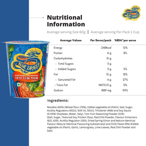 Blue Dragon Thai Tom Yum instant noodles cup with detailed nutritional information and ingredients list