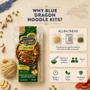 Blue Dragon noodle kit packaging with ingredients and features on a beige background