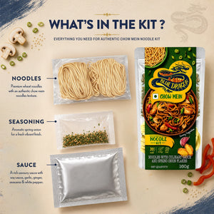 Chow Mein noodle kit with noodles, seasoning, and sauce on a beige background