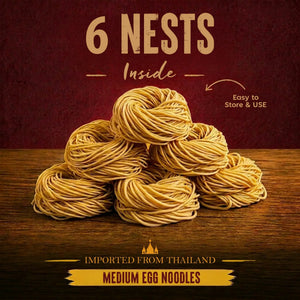 Six nests of medium egg noodles, imported from Thailand, easy to store & use on wooden surface