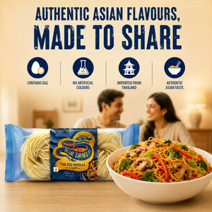 Blue Dragon Fine Egg Noodles with stir-fried vegetables, imported from Thailand, authentic Asian flavors
