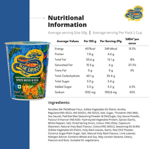 Blue Dragon Spicy Holy Basil instant cup noodles with nutritional facts and ingredients list
