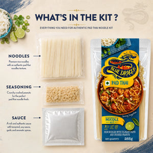 Blue Dragon Pad Thai Noodle Kit with rice noodles, sauce, and crushed peanuts for authentic Thai flavor
