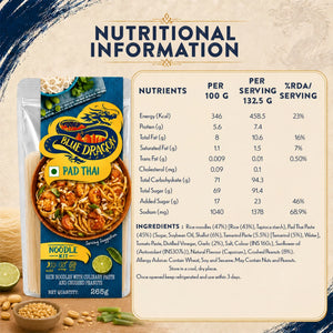 Blue Dragon Pad Thai Noodle Kit with nutritional info, rice noodles, culinary paste, crushed peanuts, 265g