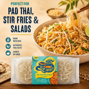 Blue Dragon Pad Thai Rice Noodles for stir fries, salads, and authentic Thai dishes, made with rice and rich in fiber.