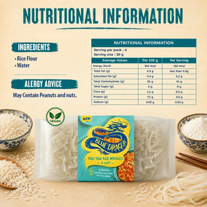 Blue Dragon Pad Thai Rice Noodles package with nutritional info, vegan label, rice flour ingredients, and allergy advice for peanuts.
