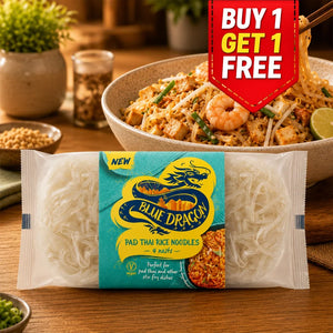 Blue Dragon Pad Thai rice noodles package with a bowl of cooked shrimp pad thai.
