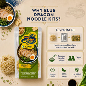 Blue Dragon Ramen Noodle Kit with soy sauce, vegan, no added MSG, ready in 15 mins