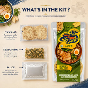 Blue Dragon Ramen Noodle Kit with noodles, seasoning, and soy sauce for authentic ramen
