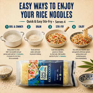 Blue Dragon Rice Noodles stir-fry recipe steps with ingredients and packaging