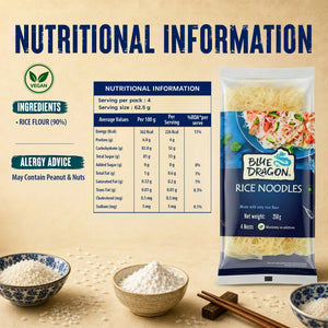 Blue Dragon Rice Noodles nutritional info, vegan, made with rice flour, 250g pack with ingredients and allergy advice