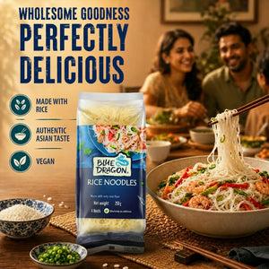 Blue Dragon Rice Noodles package with cooked noodles, shrimp, and veggies, perfect for Asian meals