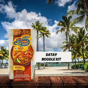 Blue Dragon Satay noodle kit package on wooden table with tropical beach and palm trees background