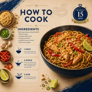 Blue Dragon Indonesian Satay Noodle Kit recipe with chicken, peppers, lime, and peanuts, ready in 15 mins