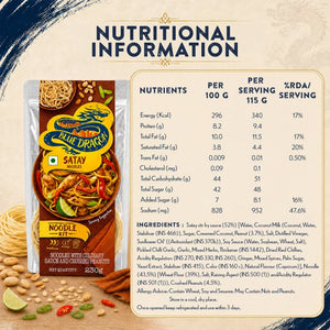 Blue Dragon Satay Noodles Kit nutritional info, ingredients, and serving details for gourmet FMCG import
