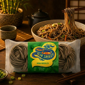 Blue Dragon Soba Noodles package with cooked noodles, chopsticks, and Asian-inspired table setting