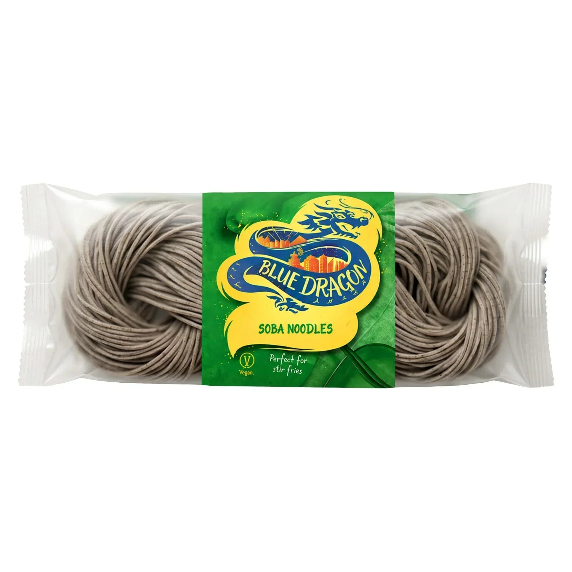 Blue Dragon Soba Noodles, vegan, perfect for stir fries, packaged in clear wrap with green label