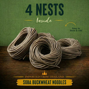 4 nests of imported Thai soba buckwheat noodles, easy to store & use, on wooden surface