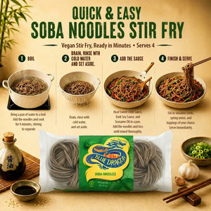 Blue Dragon Soba Noodles stir fry recipe: quick vegan meal with sauce, sesame seeds, and veggies