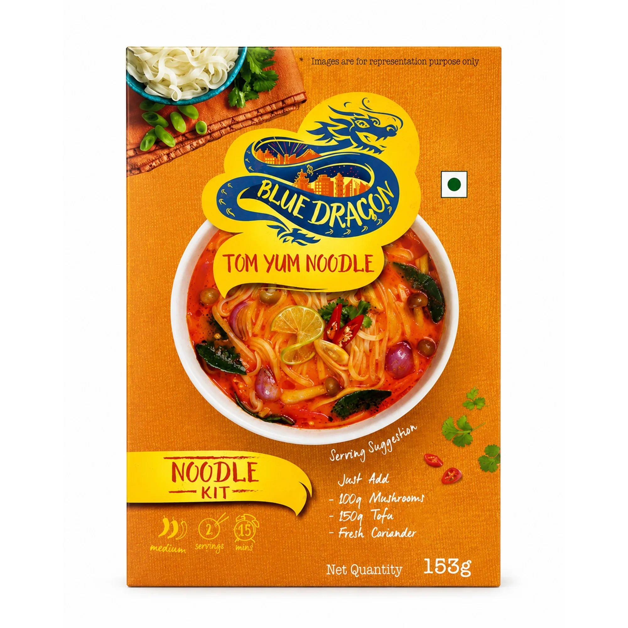 Blue Dragon Tom Yum Noodle Kit packaging with noodle dish illustration on orange background