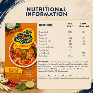 Blue Dragon Tom Yum Noodle Kit with nutritional info, ingredients, and serving suggestions for gourmet Asian cuisine.